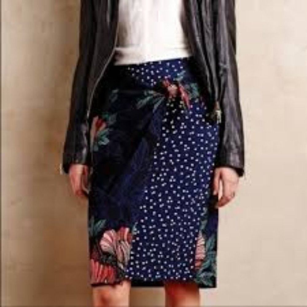 MAEVE Anthropologie Faux Wrap Pencil Skirt Navy Floral 6 - Picture 6 of 6